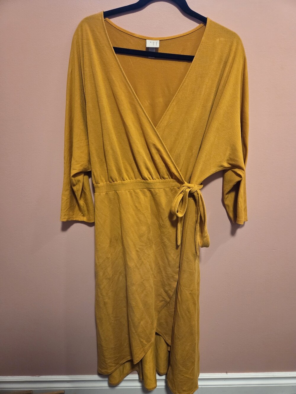 Women’s Mustard Yellow Wrap Midi Dress with Self-Tie Waist